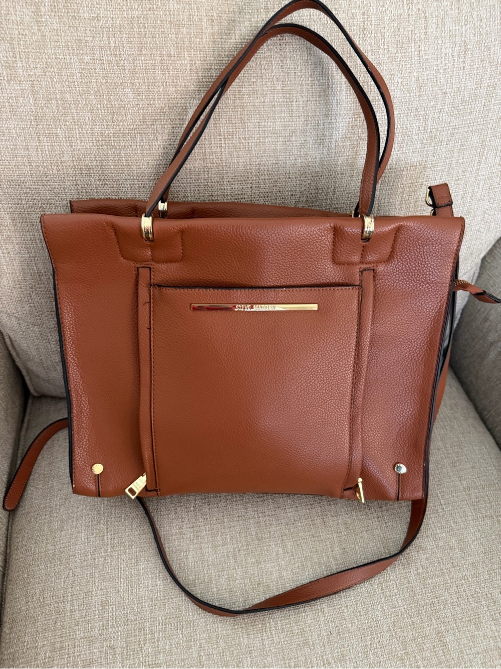 Steve Madden Cognac Brown Leather Satchel with Gold Hardware